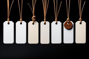 White tags hanging on a string on a black background photo