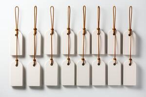 White tags hanging on a string on a white background photo