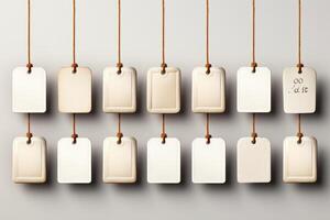 White tags hanging on strings on a wall photo