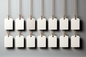 White blank tags hanging on string on gray background photo