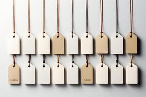 White blank tags hanging on a string on a white background photo