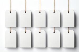 Blank white tags hanging on string on white background photo