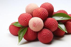 A bunch of red berries with leaves on top photo