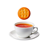 White cup and plate of tea with falling salted biscuit on transparent background png