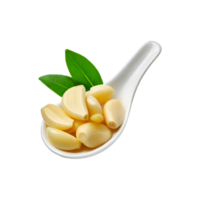 White spoon of peeled garlic with leaf on transparent background png