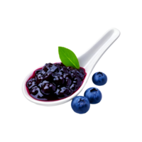 Spoon of ripe blueberry fruit jam with green leaf on transparent background png
