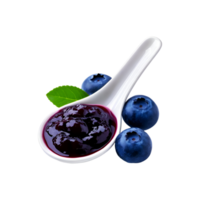 Spoon of ripe blueberry fruit jam with leaf on transparent background png