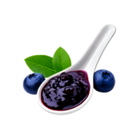 Spoon of fresh ripe blueberry fruit jam with leaf on transparent background png