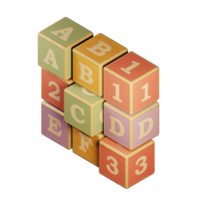 3D cubes. Multicolored wooden children's toys in the form of squares on an isolated background depicting letters and numbers. Elements of game and learning. png