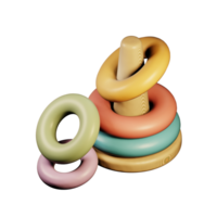 3d Wooden pyramid in disassembled form , children's toy made of colorful rings. 3d rendering on isolated background png