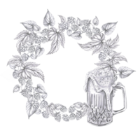 Wreath of hop branches and a mug of foamy beer. Isolated pencil illustration in a realistic style for the design of pubs, labels, menus, cookbooks, signs. png