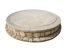 A round platform made from a mixture of stone and cement, with a slight sunken design and intricate texture details, set against a natural. isolated on a transparent background png