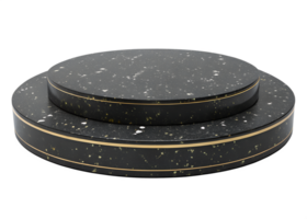 A circular platform made from smooth black granite, featuring subtle flecks of silver and gold throughout, set in a sophisticated, contemporary environment. png