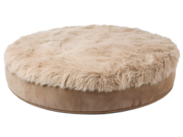 A round platform covered in soft faux fur, with a gentle, fluffy texture in a rich neutral shade, set in a luxurious, cozy space., isolated on a transparent background png