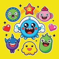 Adorable Cartoon Sticker Elements with Diverse Expressions and Themes vector
