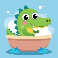 Adorable Crocodile Taking a Relaxing Bathtub Soak in Cartoon Style vector