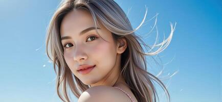 A beautiful woman with long hair and blue sky background photo