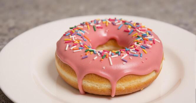 A pink frosted enjoyment doughnut on a white plate photo