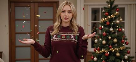 A woman in a sweater is holding confetti in front of a christmas tree photo