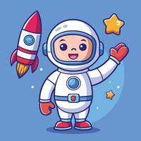 Adorable Astronaut with Rocket and a Friendly Wave in Cartoon Style vector