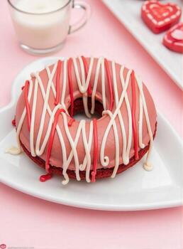 A red velvet donut with white icing and sprinkles enjoyment photo