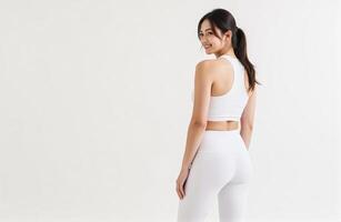 A healthy woman in white sports bra top and leggings photo