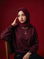 A woman wearing a maroon hijab sitting on a chair photo