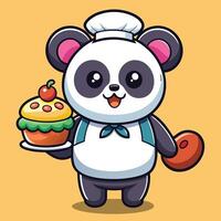 Adorable Chef Panda Balancing a Donut and Cake vector