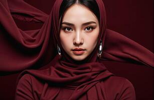 Beautiful asian woman in red hijab photo