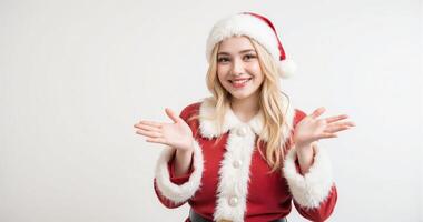 A woman in a santa claus outfit is smiling photo