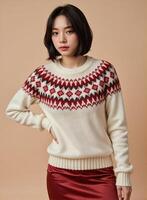 A woman wearing a sweater with red and black geometric patterns photo