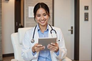A smiling woman in a doctor's coat is using a tablet photo