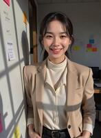 A woman in a suit standing in front of a window and whiteboard smile photo