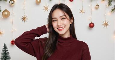 Festive portrait of lady in red knitwear posing before decorated evergreen tree photo