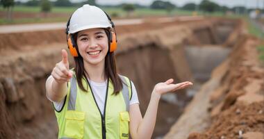 Asian woman wearing safety helmet and pointing at the camera photo