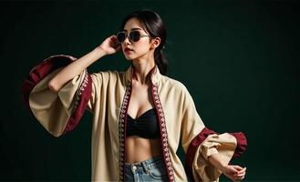 A woman in sunglasses and a beige jacket photo