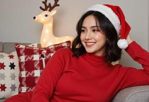 Christmas comfort scene woman in red sweater and Santa hat rests on sofa in warmly decorated living room wavy bob photo