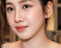 Macro view of fresh glowing complexion with perfected pores and dewy finish side angle diffused light photo