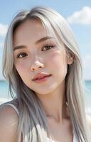 Smiling lady with shimmering silver strands shows off radiant skin in sunlight ideal for haircare promotions photo