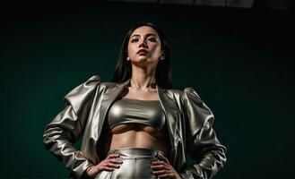 A woman in a metallic outfit posing for the camera photo