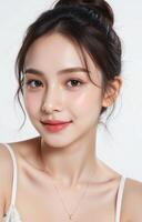 Beautiful closeup of woman with glowing complexion and straight black hair posing in white studio for cosmetics photo