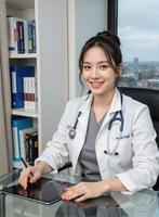A female doctor sitting at a desk with a tablet photo
