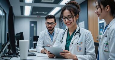 Three doctors looking at a tablet computer photo