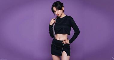 A woman in a black outfit posing against a purple background photo