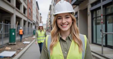 Self-assured female worker in reflective vest and ear muffs stands confidently at an urban construction site photo