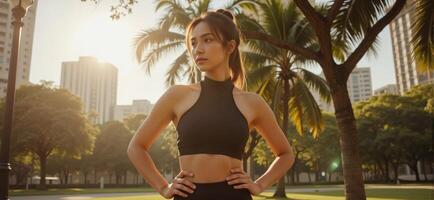 Fit woman in sporty outfit shows strong posture and happy expression under sunlight with beautiful blurred background photo