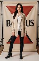 A woman in a beige coat and black pants stands in front of a banner that says b photo