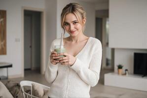 A woman holding a glass of green smoothie photo