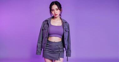 Edgy model with short black silky hair poses in stylish layered jacket crop top and mini skirt in purple studio setting photo