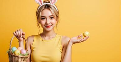 Happy woman in bunny ears holding basket with easter eggs photo